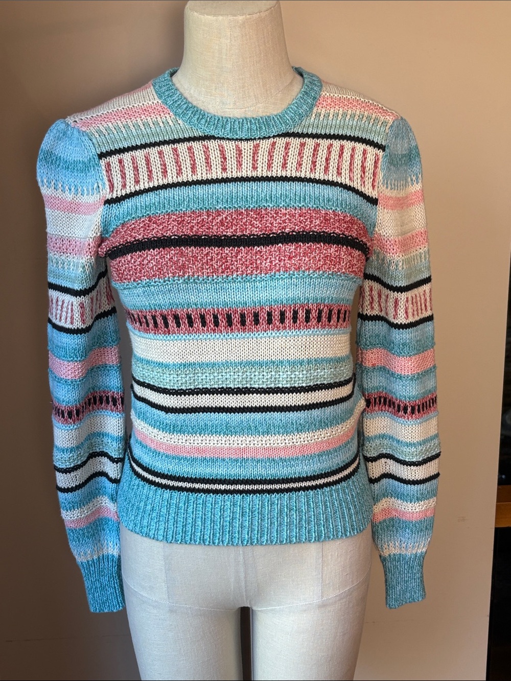 Ralph Lauren Pastel Blue, Pink & Black Striped Scoop-Neck Sweater